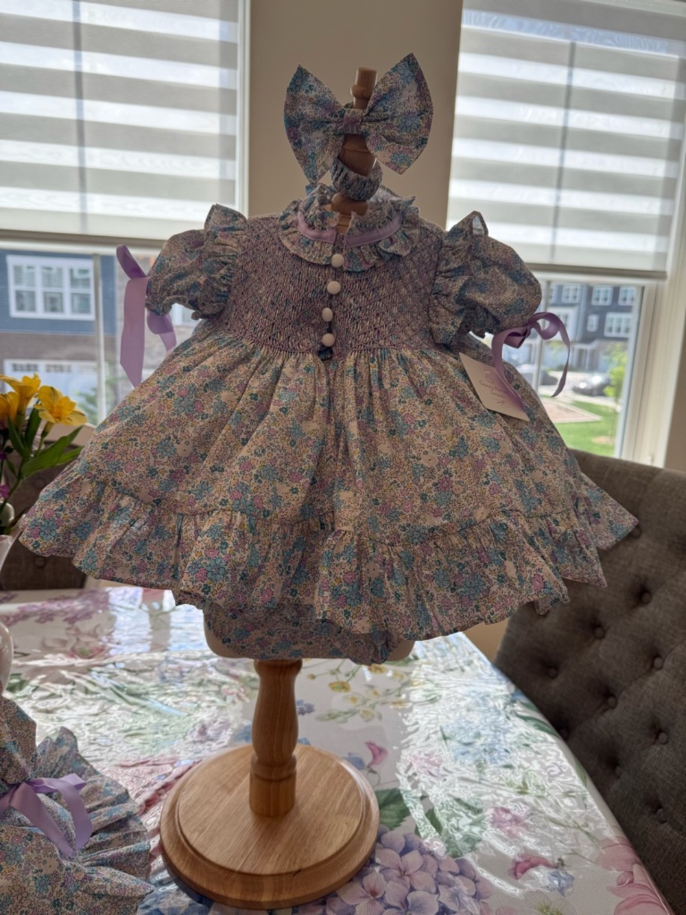 Smocked Floral Baby Dress with Matching Bow - Lavender & Pink